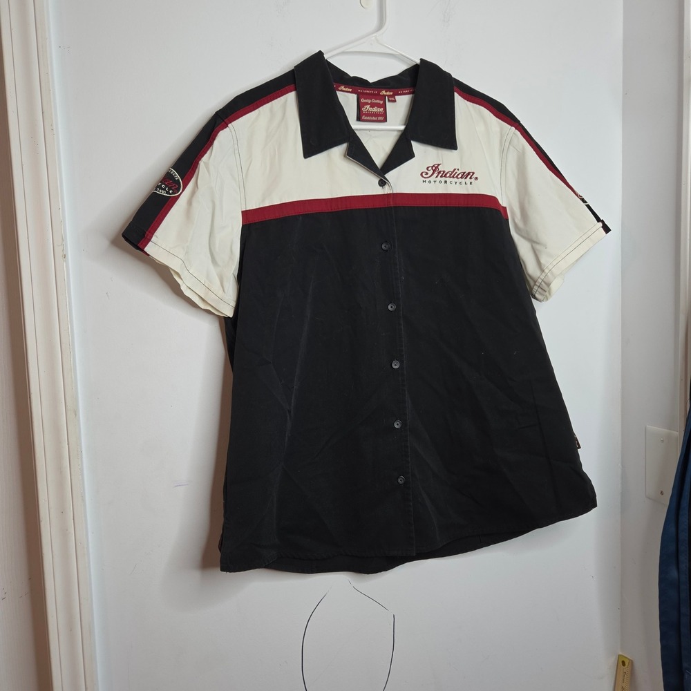 Indian Motorcycle Womens 2XL Black Cream Colorblock Short Sleeve Mechanic Shirt